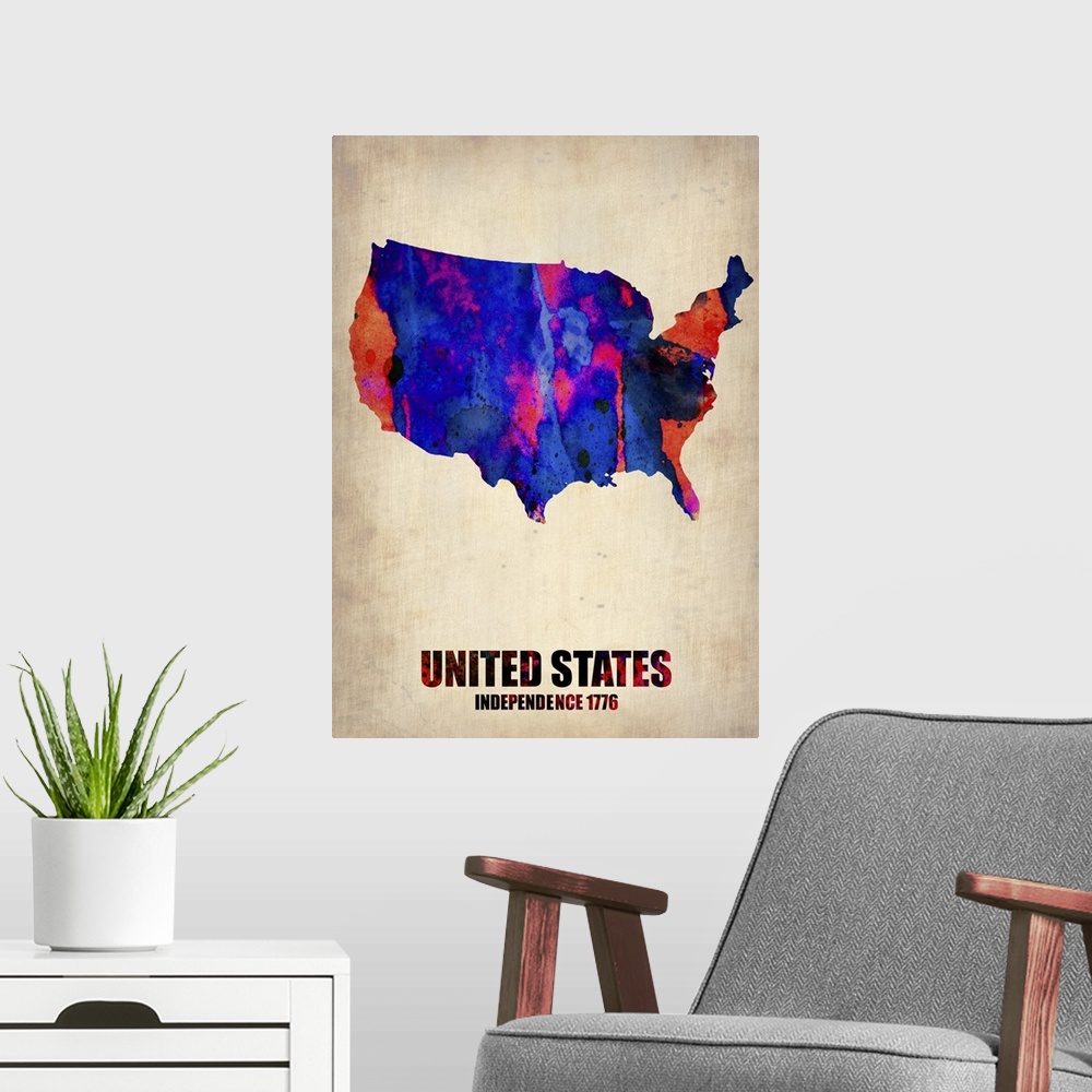 A modern room featuring USA Watercolor Map I