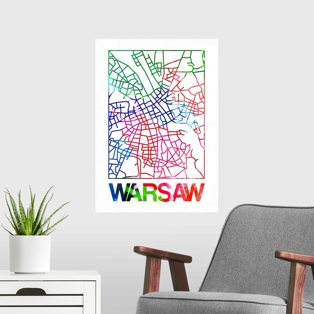 A modern room featuring Colorful map of the streets of Warsaw, Poland.