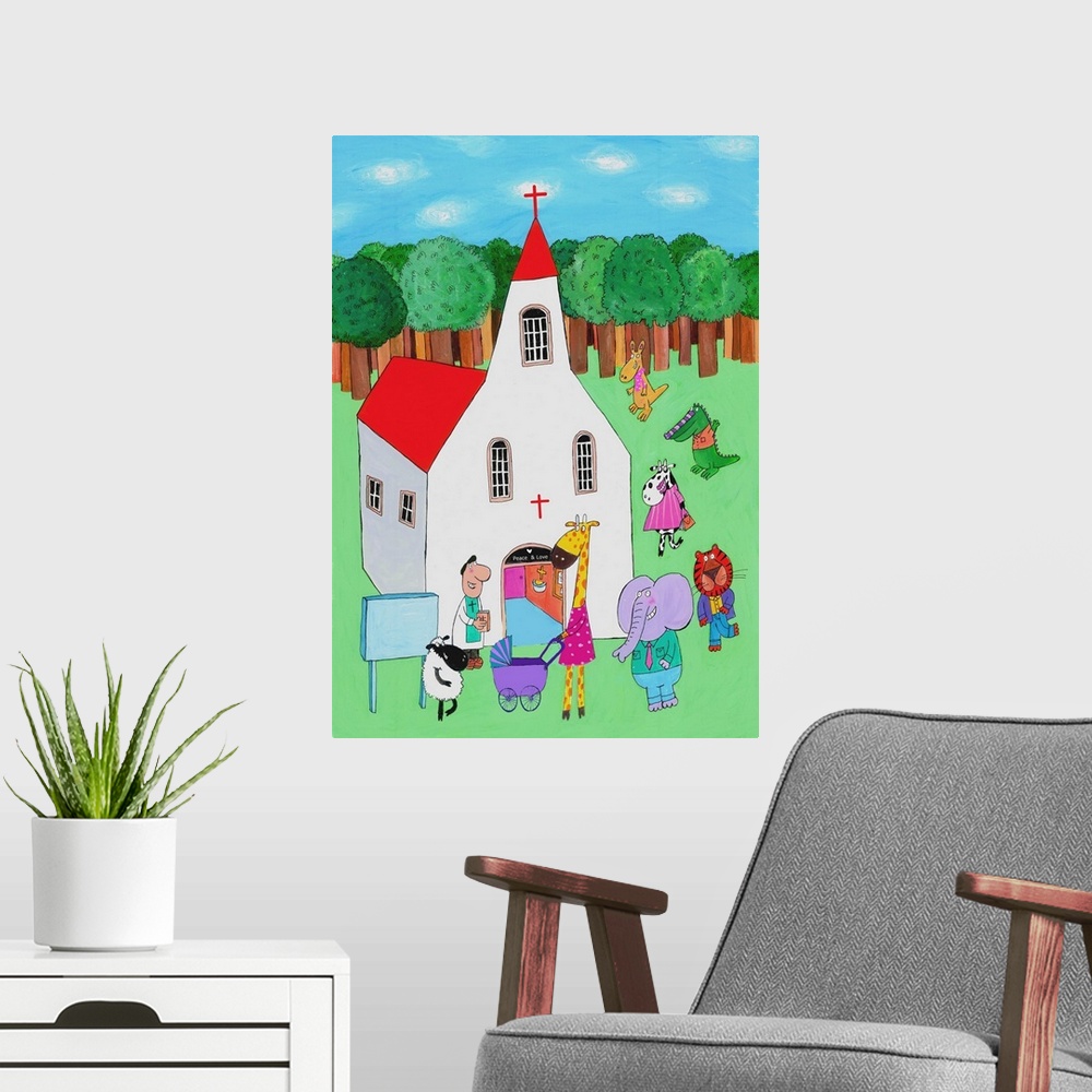 A modern room featuring White church wall art by illustrator Carla Daly.