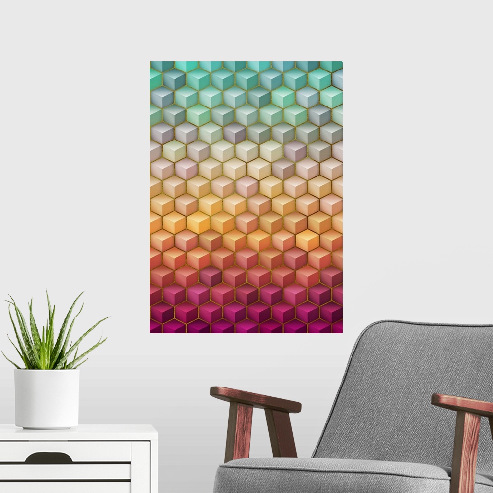 A modern room featuring Geometric cube pattern in green, pink, and yellow gradient colors.
