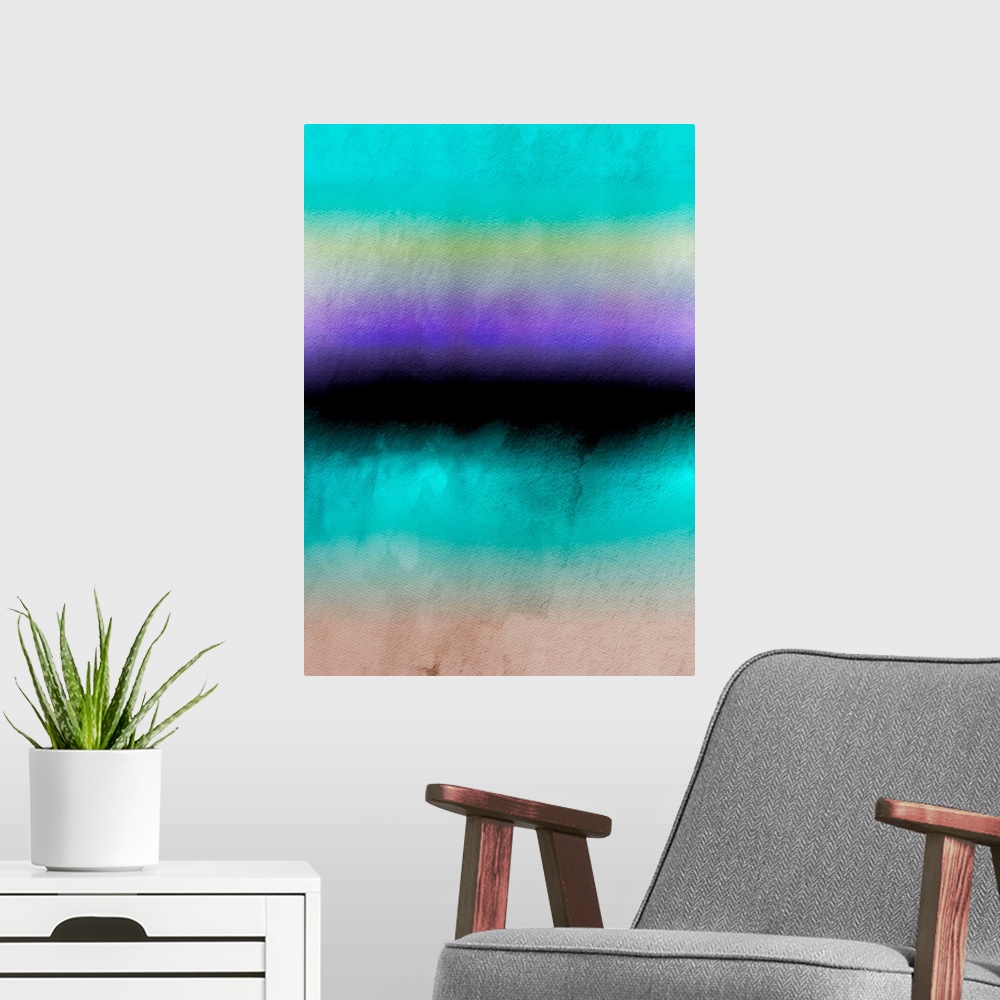 A modern room featuring Abstract art of horizontal bands of tropical colors blending together.