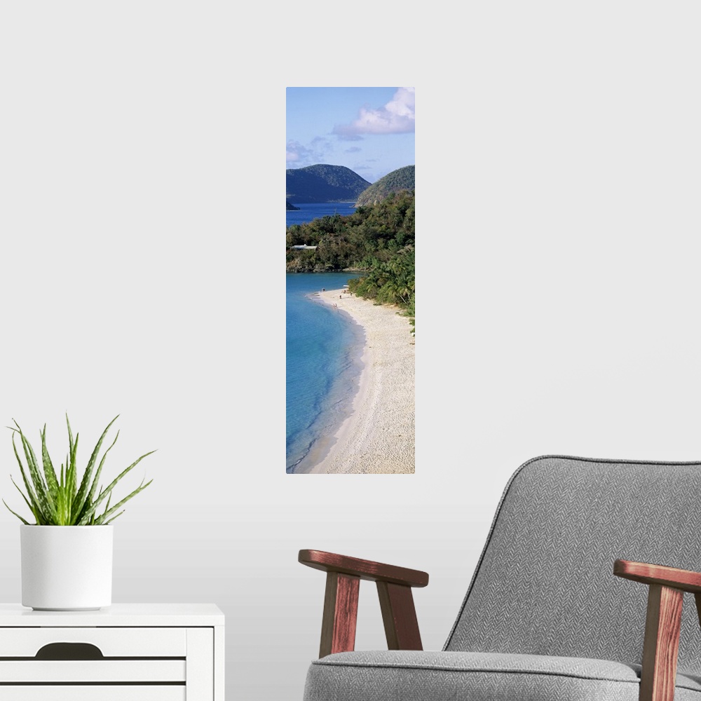 A modern room featuring A tall narrow photograph of a sandy beach lined with palm trees and more islands in the background.