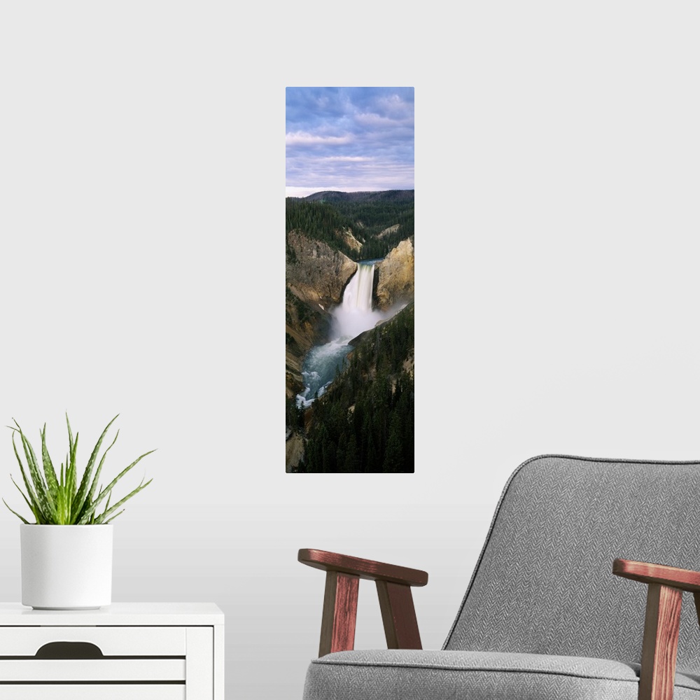 A modern room featuring High angle view of waterfall in a forest, Yellowstone Falls, Yellowstone River, Yellowstone Natio...