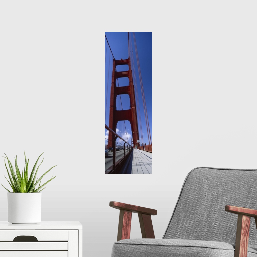 A modern room featuring Low angle view of a suspension bridge Golden Gate Bridge San Francisco California