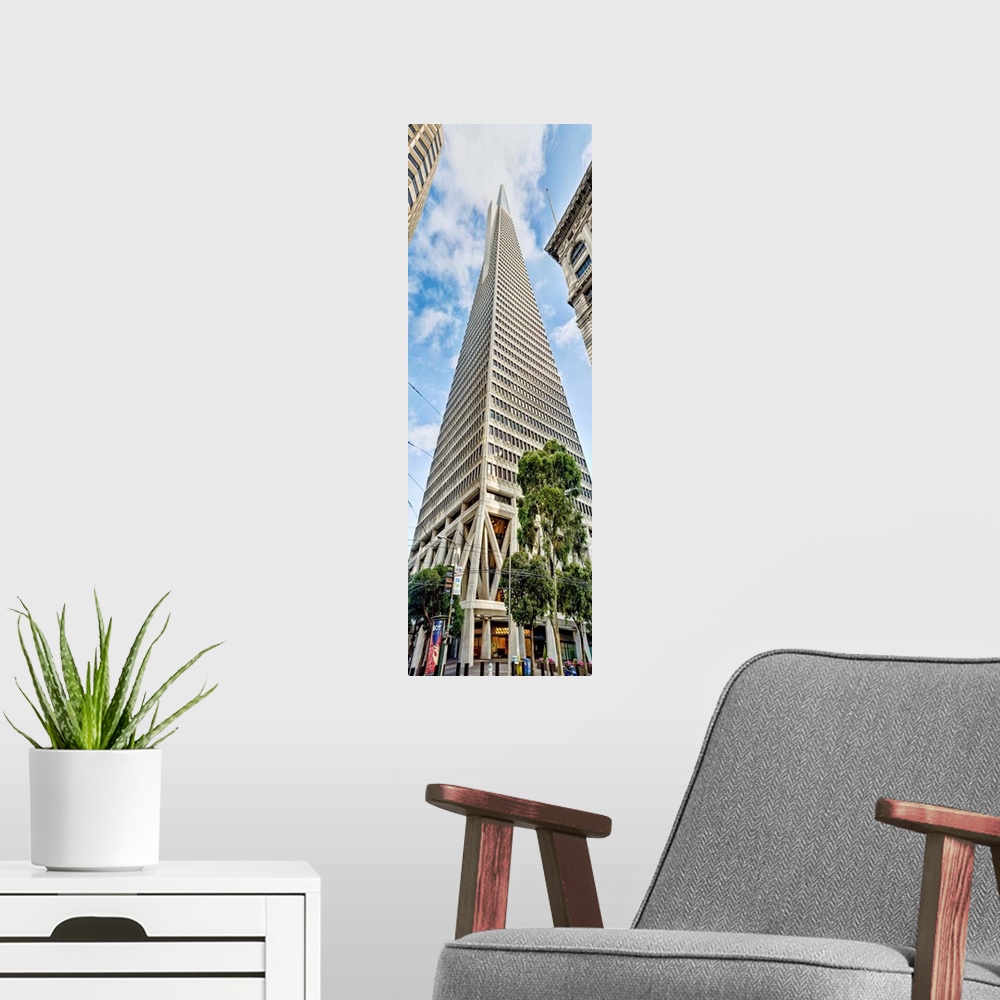 A modern room featuring Low angle view of skyscrapers, Transamerica Pyramid, San Francisco, California