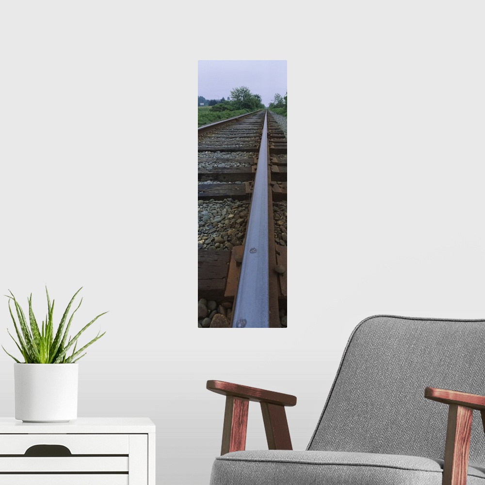 A modern room featuring Railroad track passing through a landscape, Eureka, California
