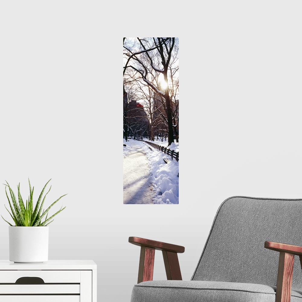 A modern room featuring Snow covered walkway in a park, Central Park, Manhattan, New York City, New York