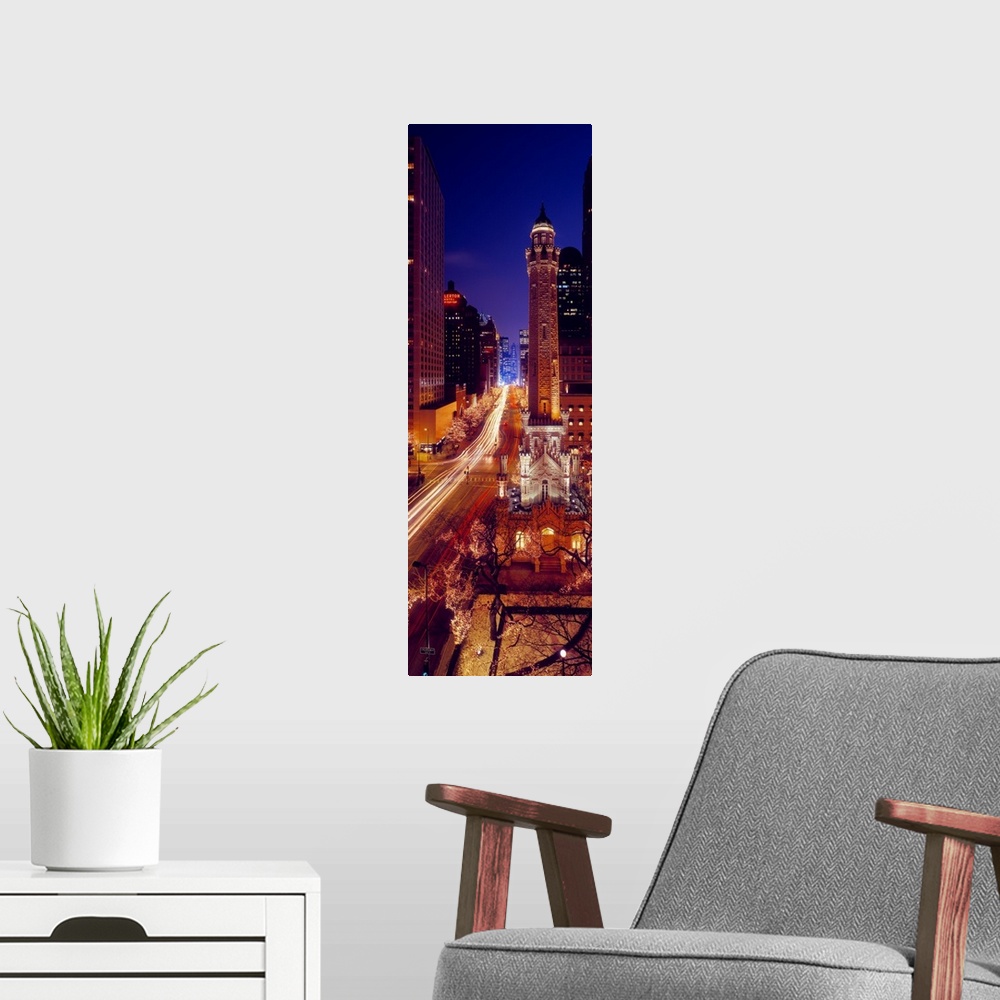A modern room featuring Buildings lit up at night, Water Tower, Magnificent Mile, Michigan Avenue, Chicago, Cook County, ...