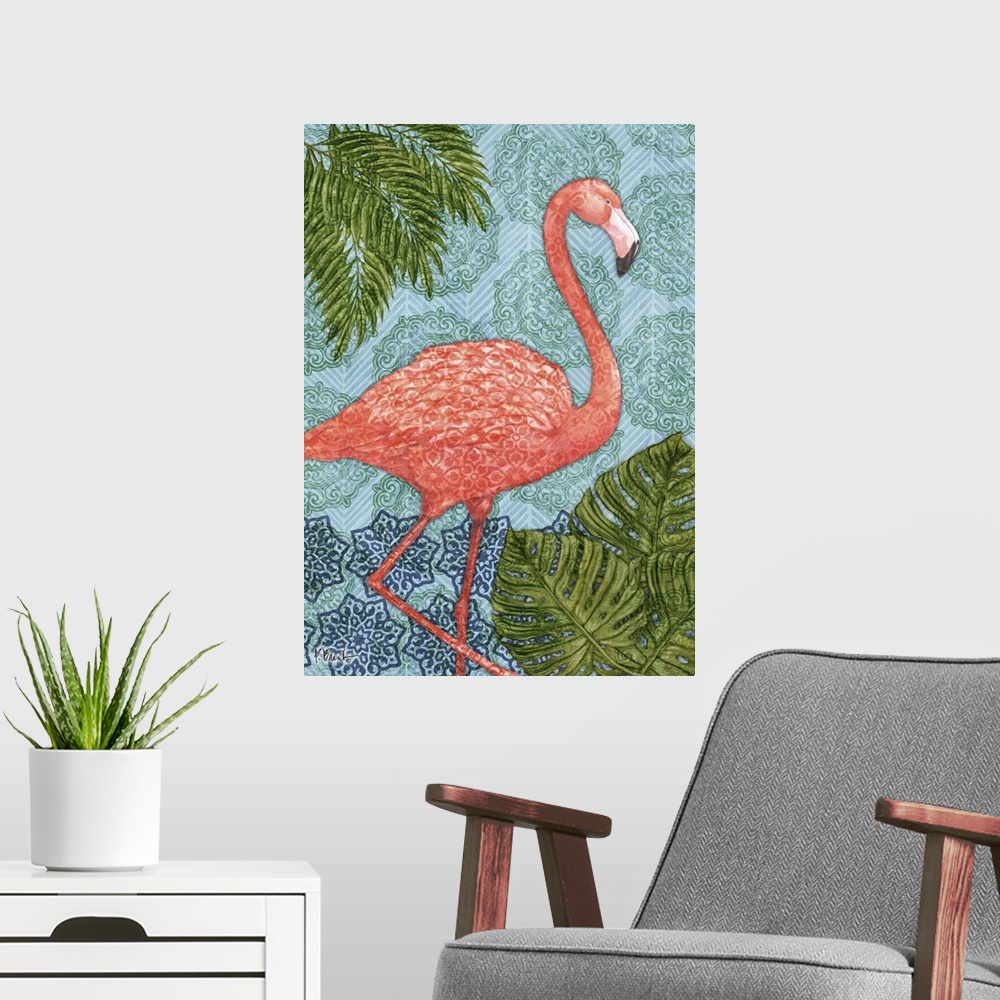 A modern room featuring Painting of a flamingo with palm leaves on a patterned batik-style background.