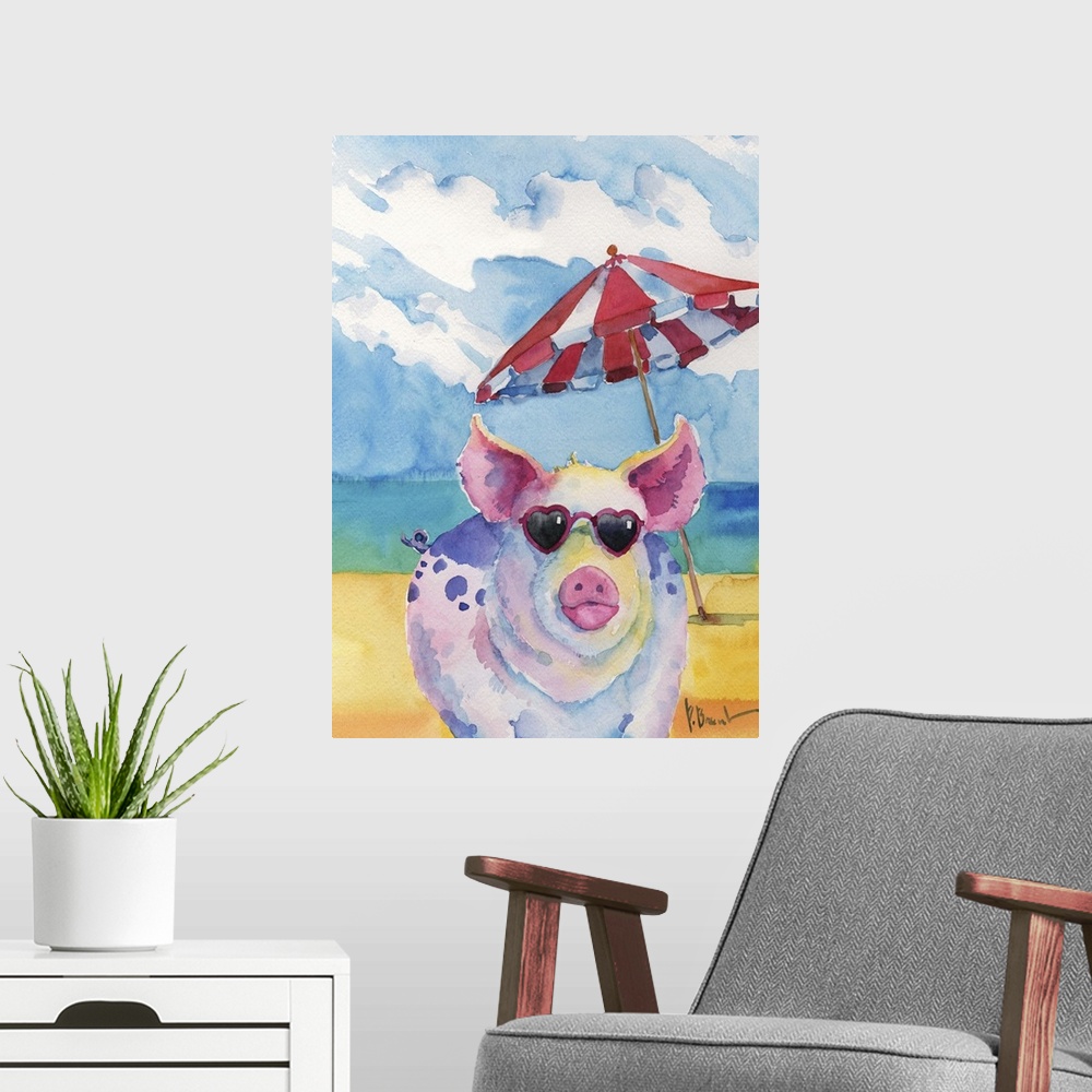 A modern room featuring Watercolor painting of a pig on the beach wearing pink heart shaped sunglasses.