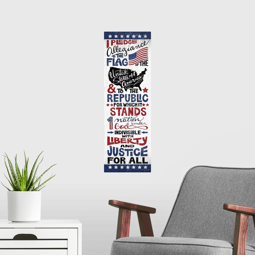 A modern room featuring Handlettered artwork of the Pledge of Allegiance in red, white, and blue, on a textured background.