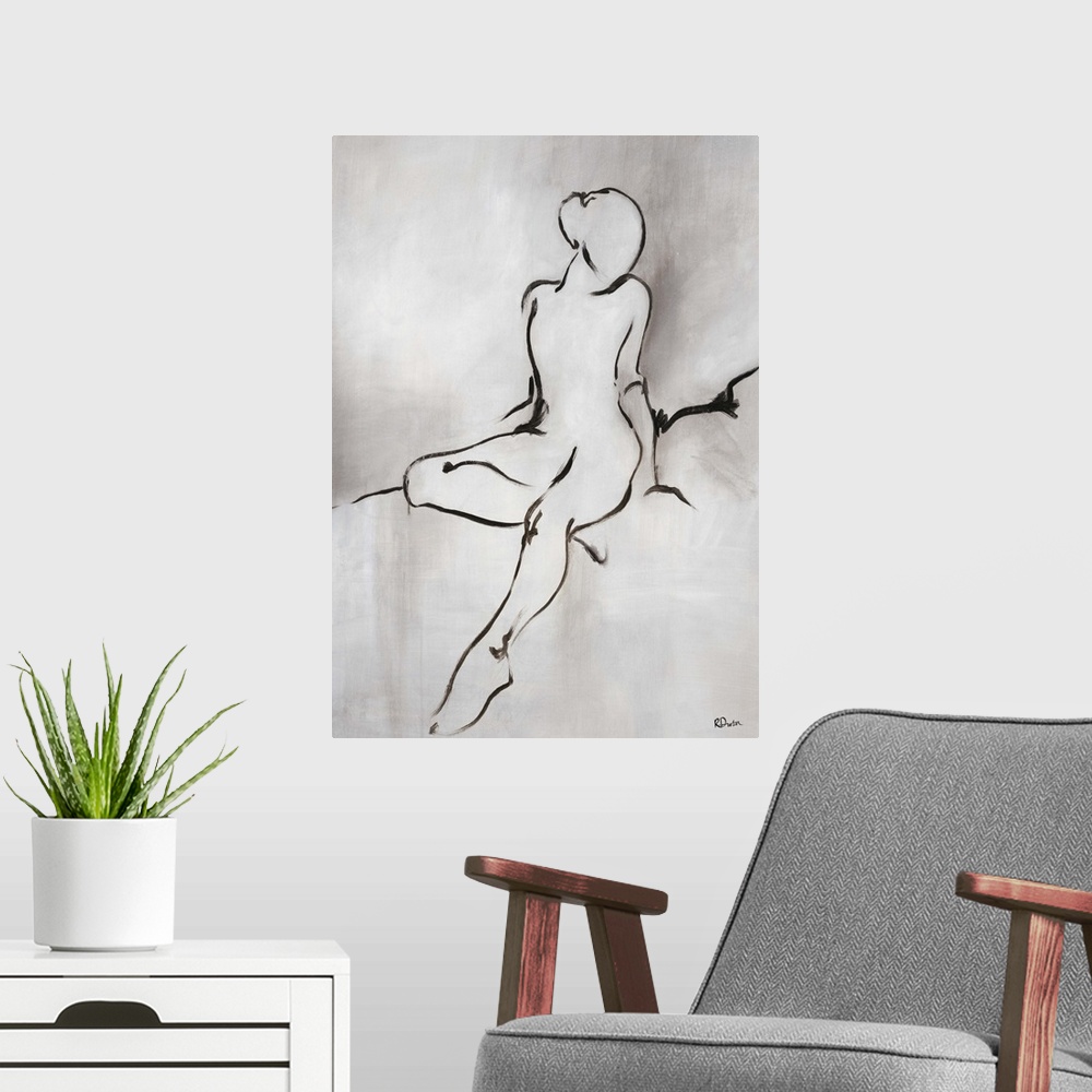 A modern room featuring Figurative art in neutral tones of the outline of a woman sitting on a soft surface with one leg ...