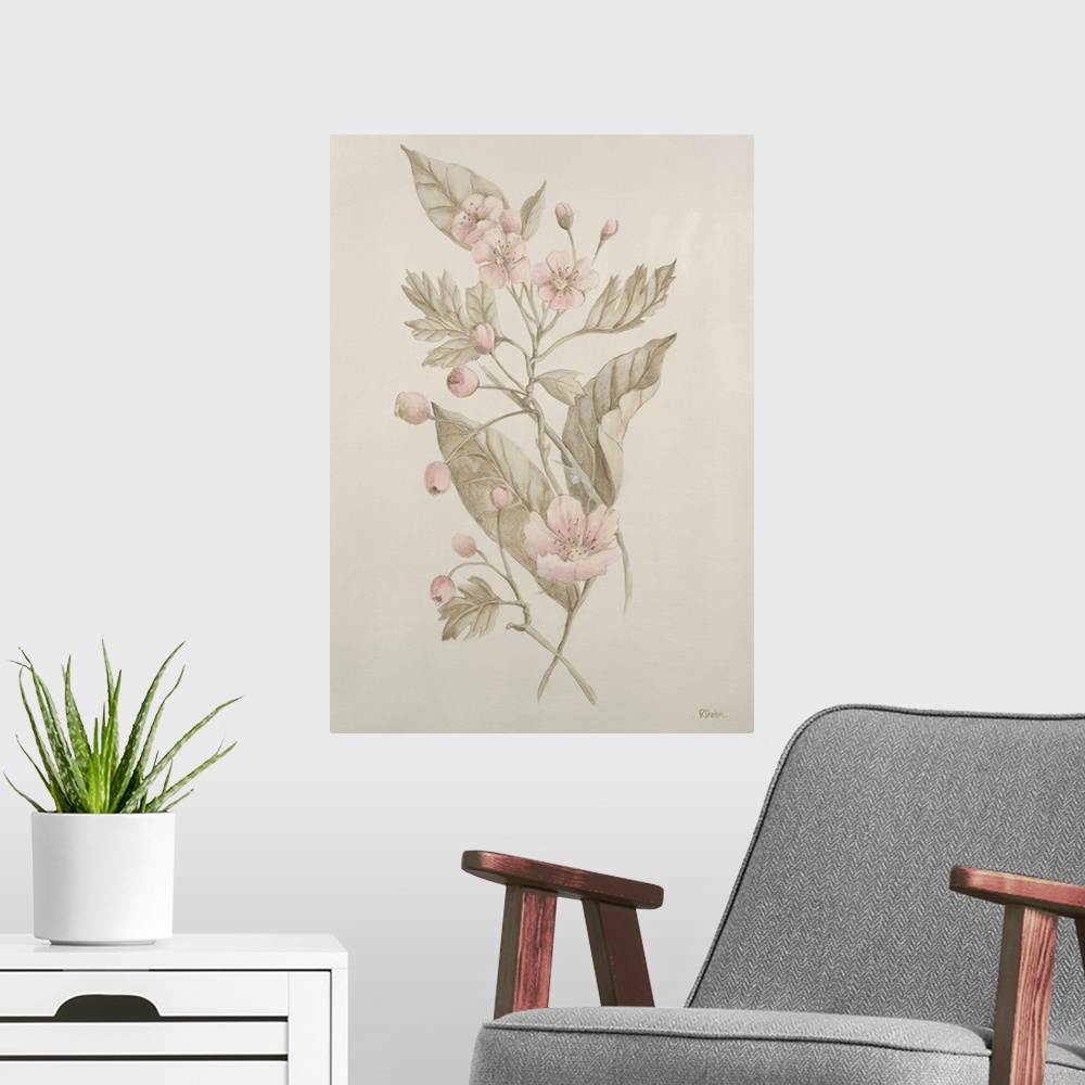 A modern room featuring Contemporary painting of a flower against a beige background.