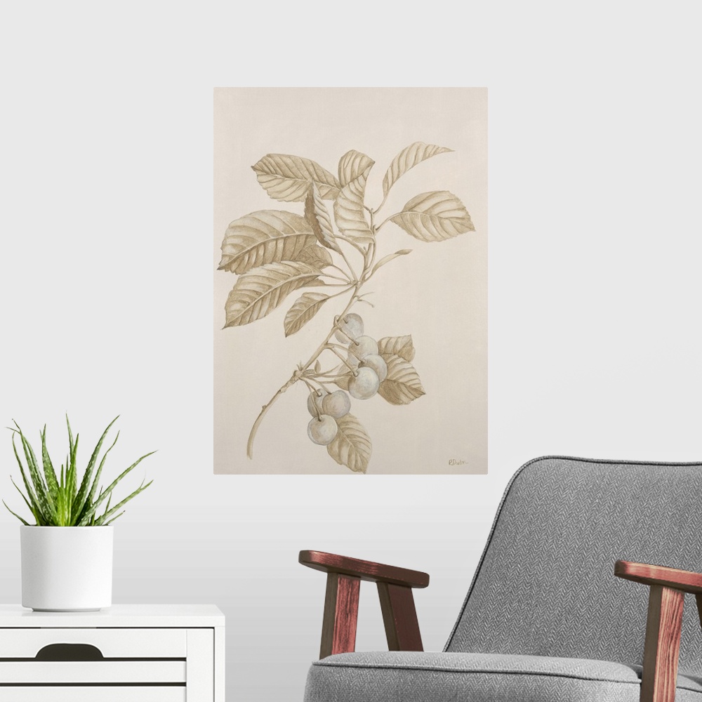 A modern room featuring Contemporary painting of a flower against a beige background.
