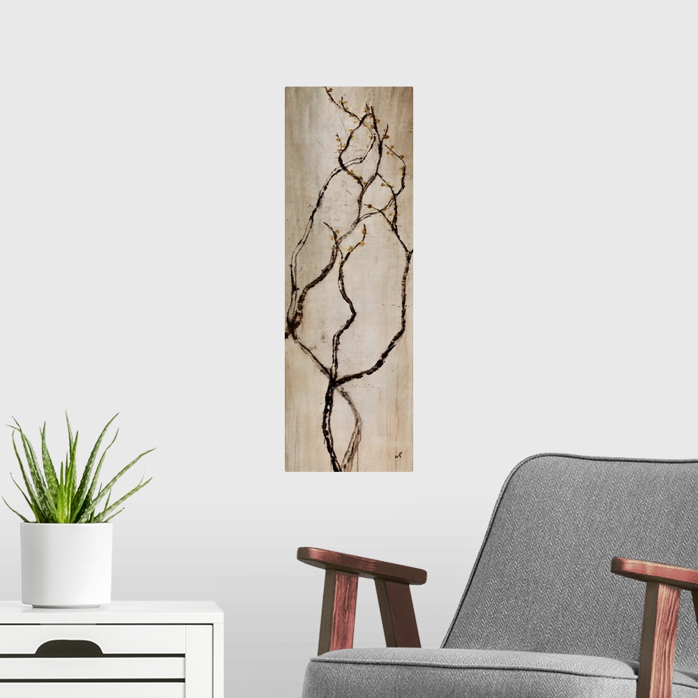 A modern room featuring Vertical Panoramic painting of long, thin, and curved tree branches flowing upward.  There are ti...