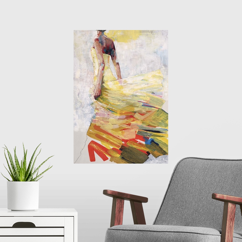 A modern room featuring Contemporary painting of a woman facing away from the viewer wearing a yellow dress that looks as...