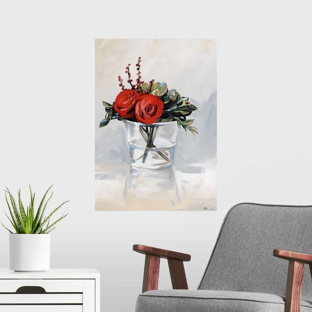 A modern room featuring Contemporary artwork of red roses in a clear glass vase.