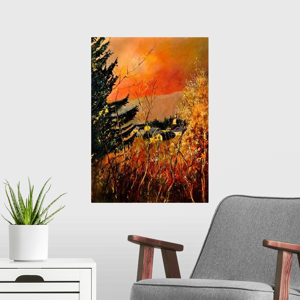 A modern room featuring Vertical painting of an Autumn landscape with orange and yellow flowers in the foreground and a b...
