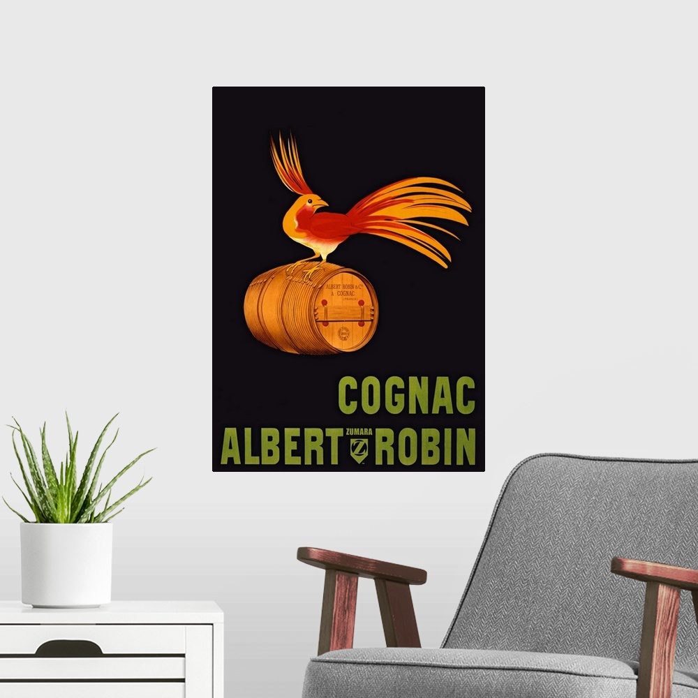 A modern room featuring Large vertical vintage advertisement for Albert Robin Cognac, with a bright bird with long plumag...