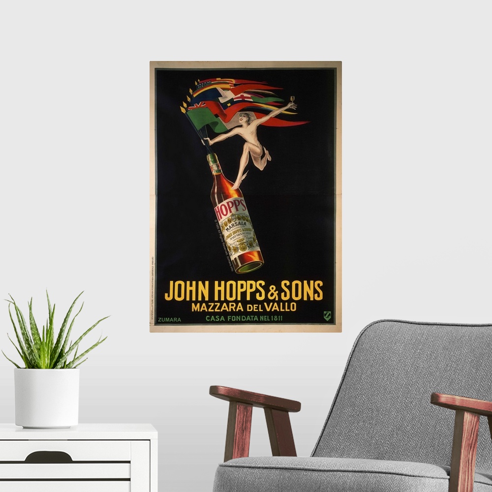 A modern room featuring Vintage poster of a bottle filled with liquid and country flags sticking out from the top. A pers...