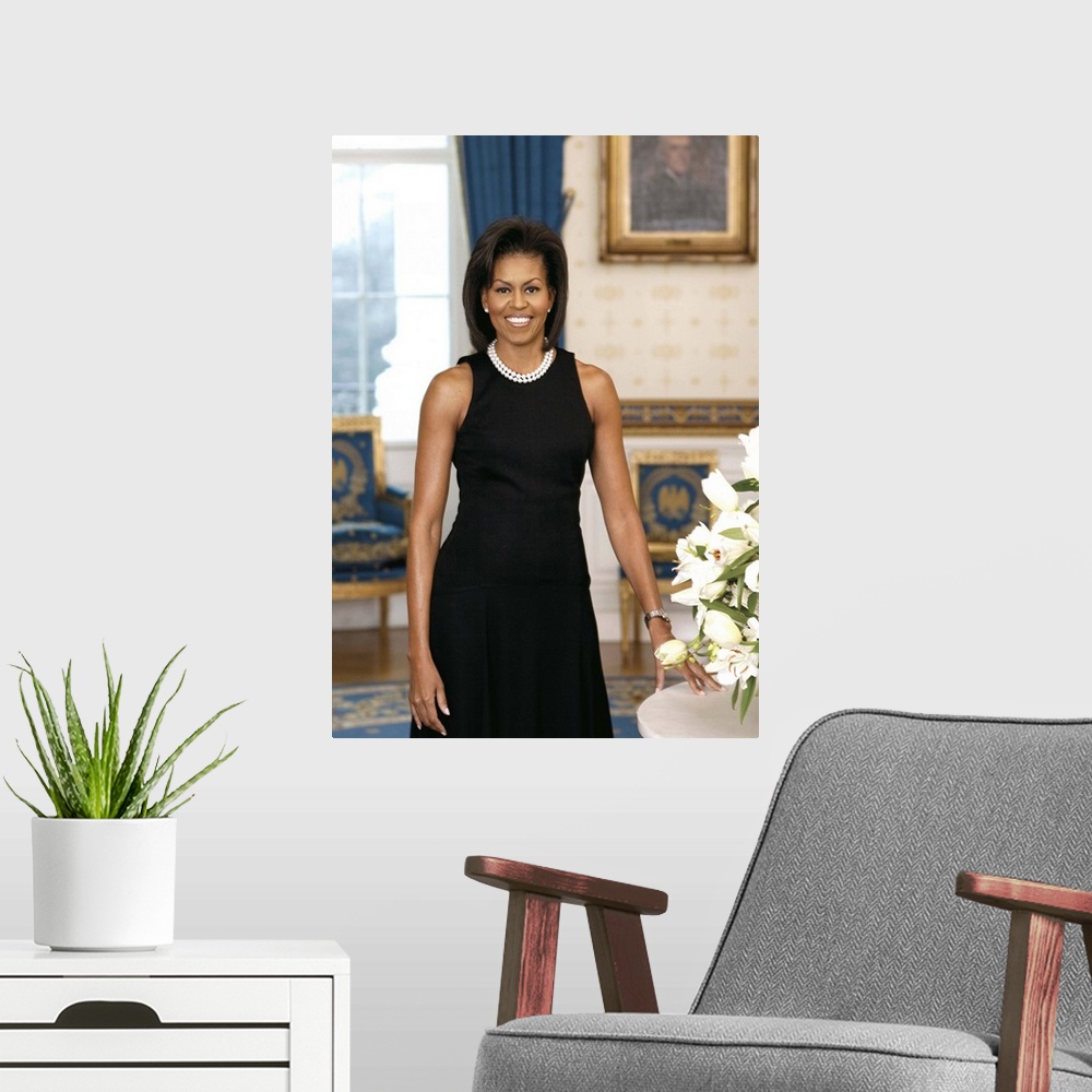 A modern room featuring First Lady Michelle Obama, official portrait. Library of Congress, Prints and Photographs Division.