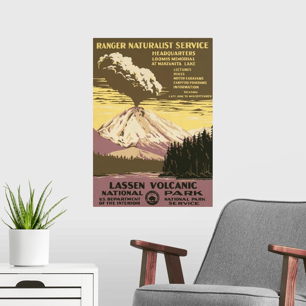 A modern room featuring Lassen Volcanic National Park, Ranger Naturalist Service. Poster shows Lassen Peak errupting. Lib...