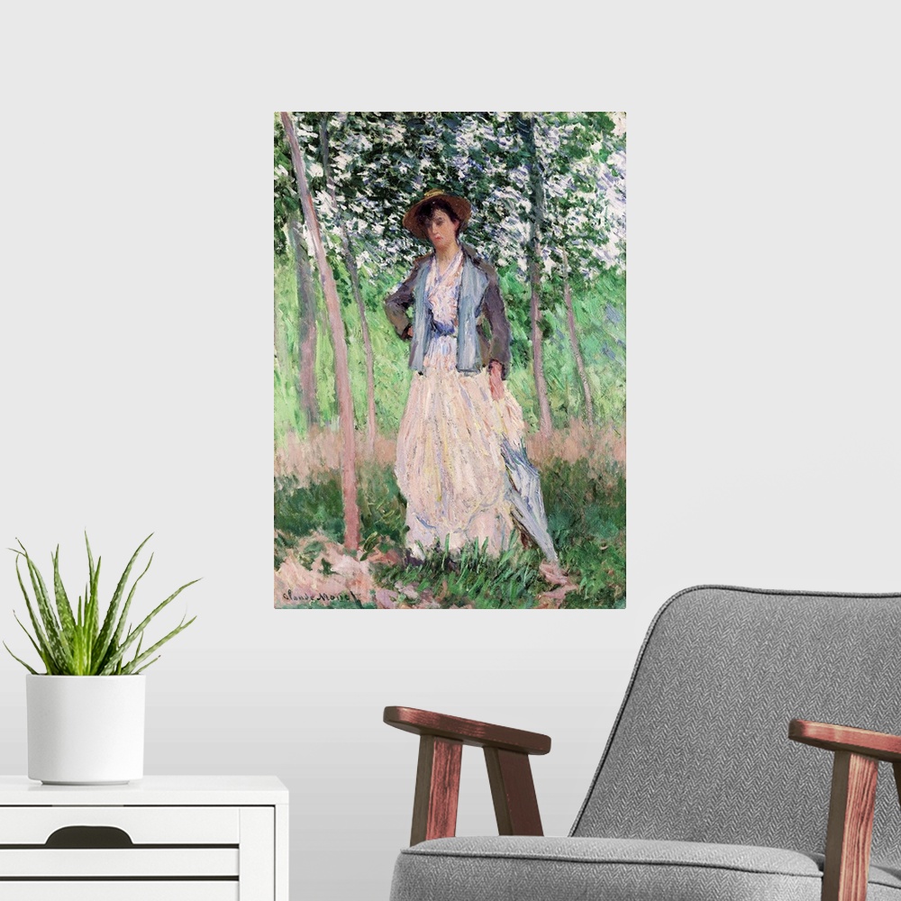 A modern room featuring This painting of Suzanne Hoschede in the meadows just south of Le Pressoir, Monet's home at Giver...