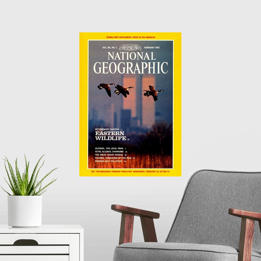 A modern room featuring Cover of the February, 1992 National Geographic Magazine.