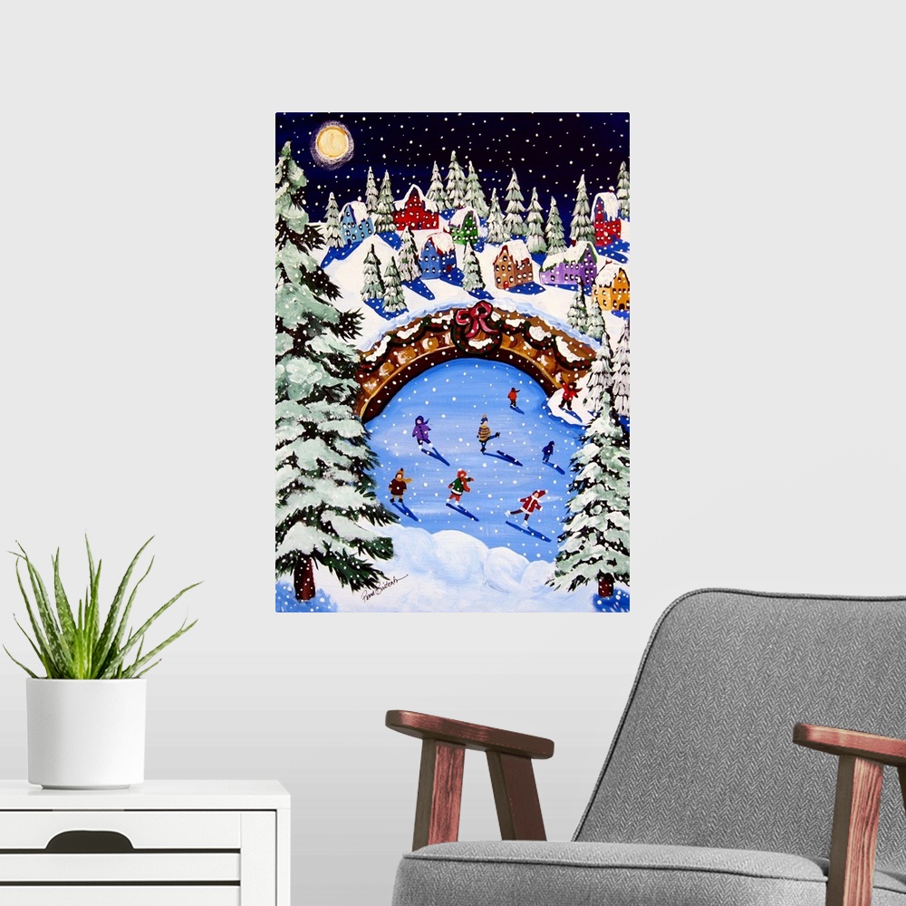 A modern room featuring Whimsical winter scene with ice skaters, Christmas trees, a snowman and fun houses.