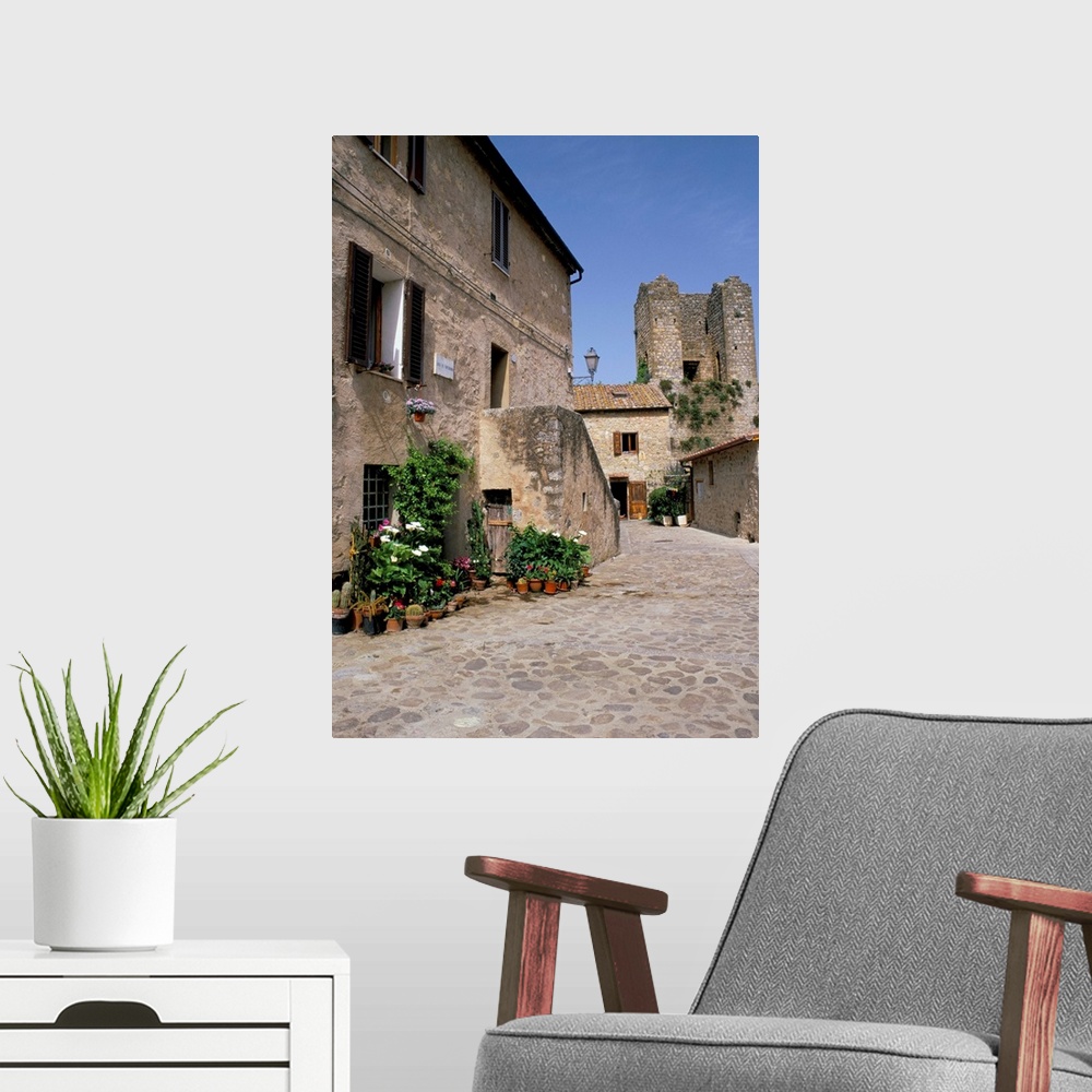 A modern room featuring Old house with pots of flowers in the Largo di Fontebranda, Siena, Tuscany, Italy