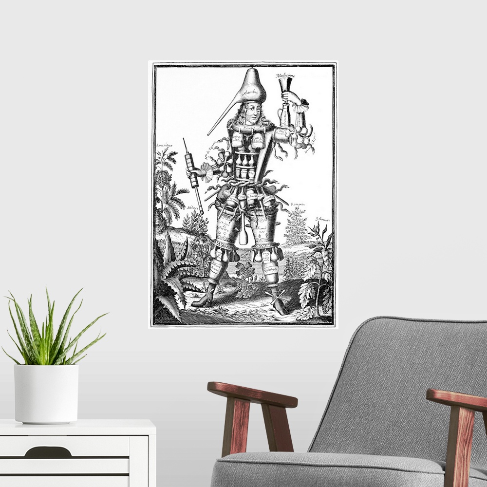 A modern room featuring Apothecary. Historical satirical artwork showing the remedies, plants and equipment used by an ap...