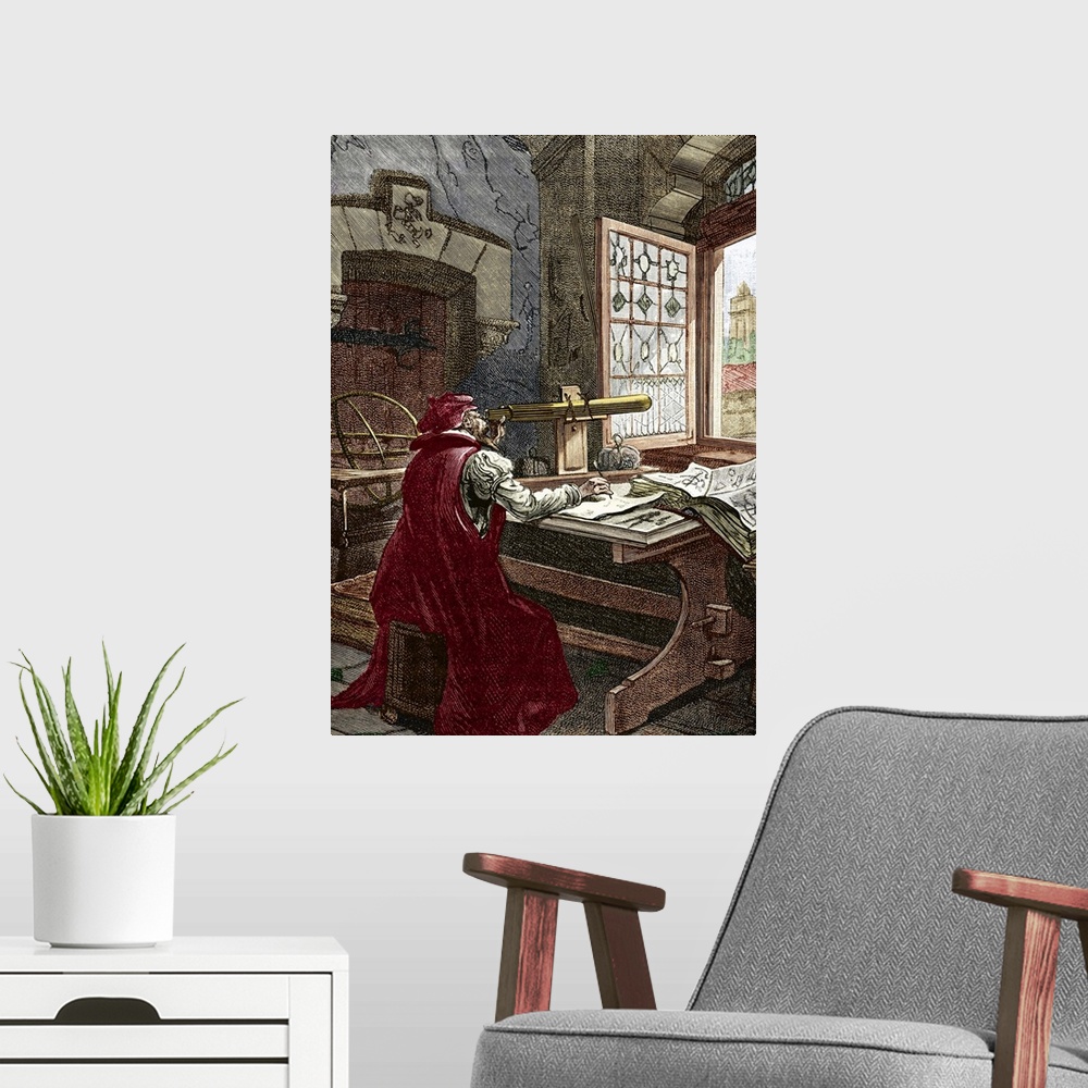 A modern room featuring Galileo using a telescope, historical artwork. The Italian astronomer and physicist Galileo Galil...