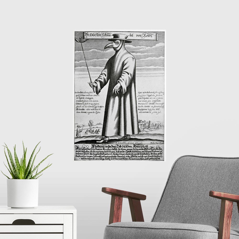 A modern room featuring Plague doctor. 17th century artwork titled 'Doktor Schnabel von Rom' (Beak Doctor from Rome). The...