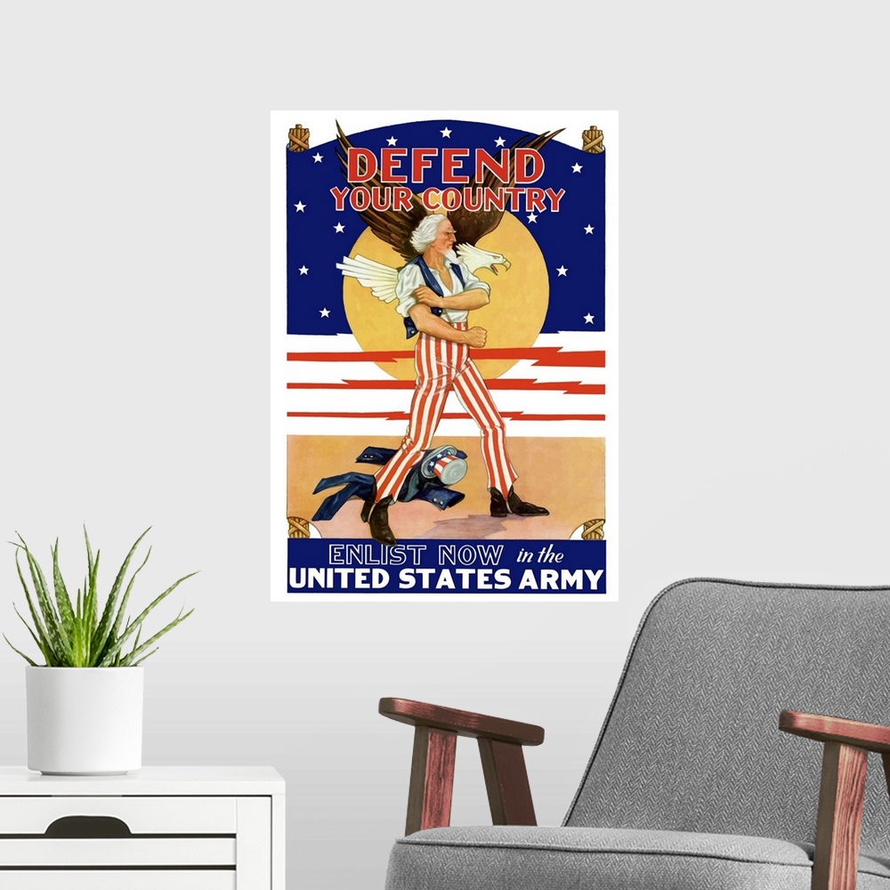 A modern room featuring Digitally restored vector war propaganda poster. This vintage World War Two poster features a soa...