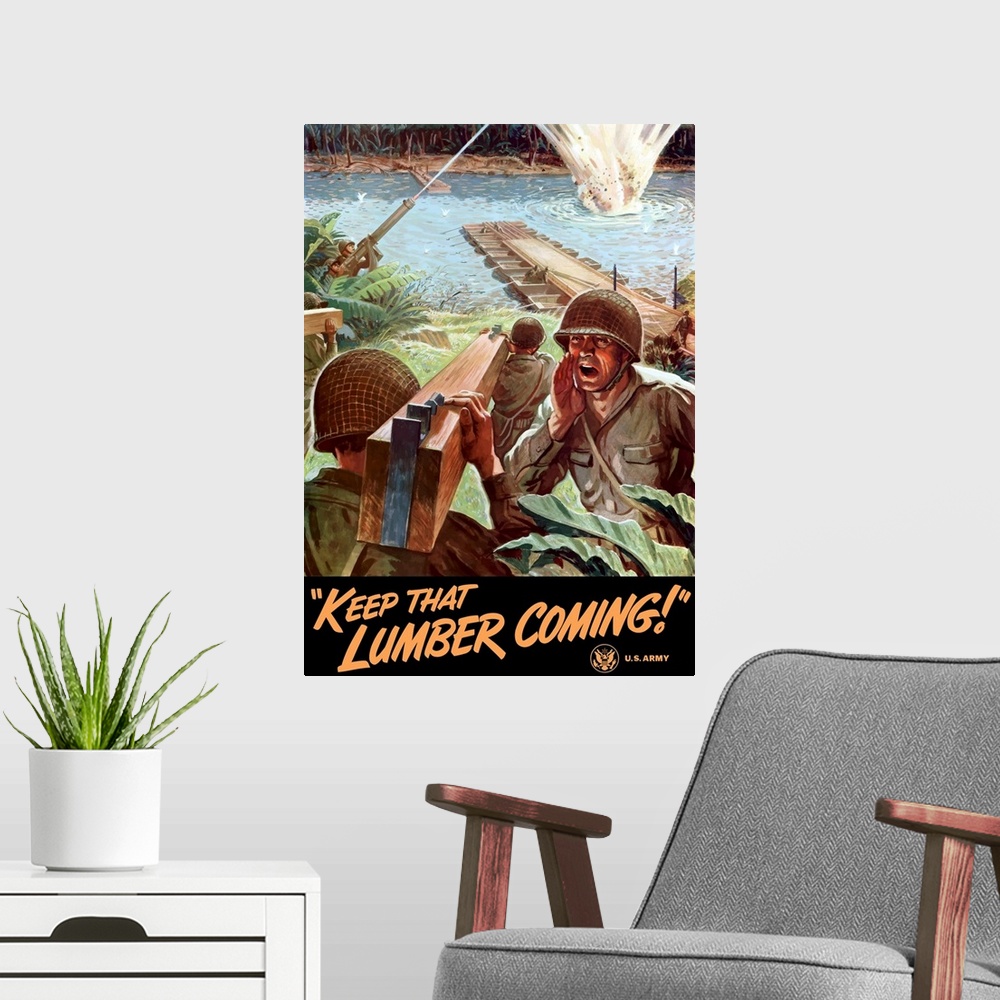 A modern room featuring Digitally restored vector war propaganda poster. This vintage World War II poster features Army E...