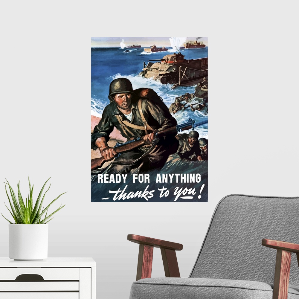 A modern room featuring Digitally restored vector war propaganda poster. This vintage World War II poster features Americ...