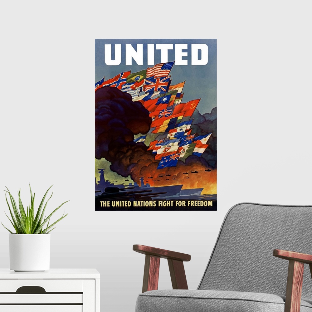A modern room featuring Digitally restored vector war propaganda poster. This poster declares, United, The United Nations...