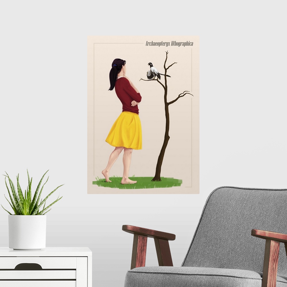 A modern room featuring The size of an Archaeopteryx perched on a tree branch compared to a young adult.