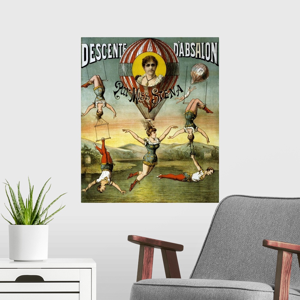 A modern room featuring Vintage French Circus Poster Of A Group Of Aerialists Performing