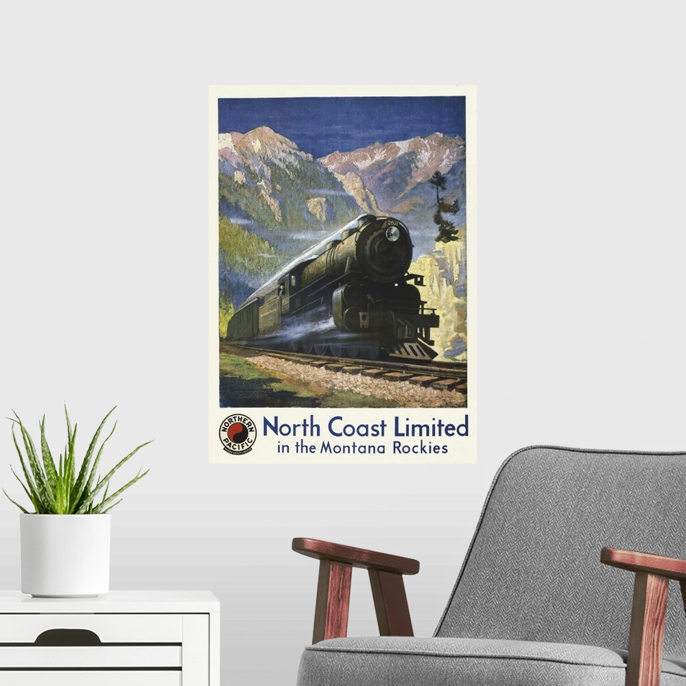 A modern room featuring Vintage travel poster for North Coast Limited in the Montana Rockies, of a steam engine in Bozema...
