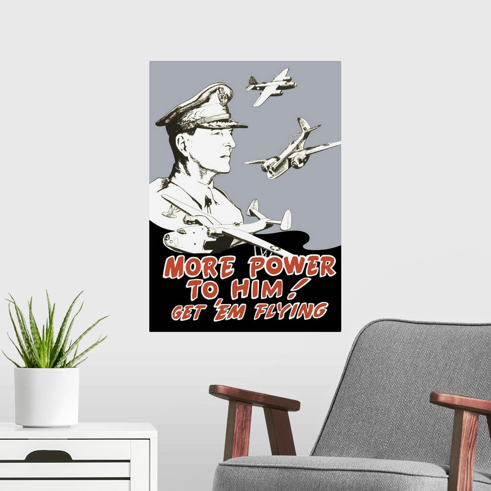 A modern room featuring Vintage World War II propaganda poster featuring General Douglas MacArthur and bombers flying. It...