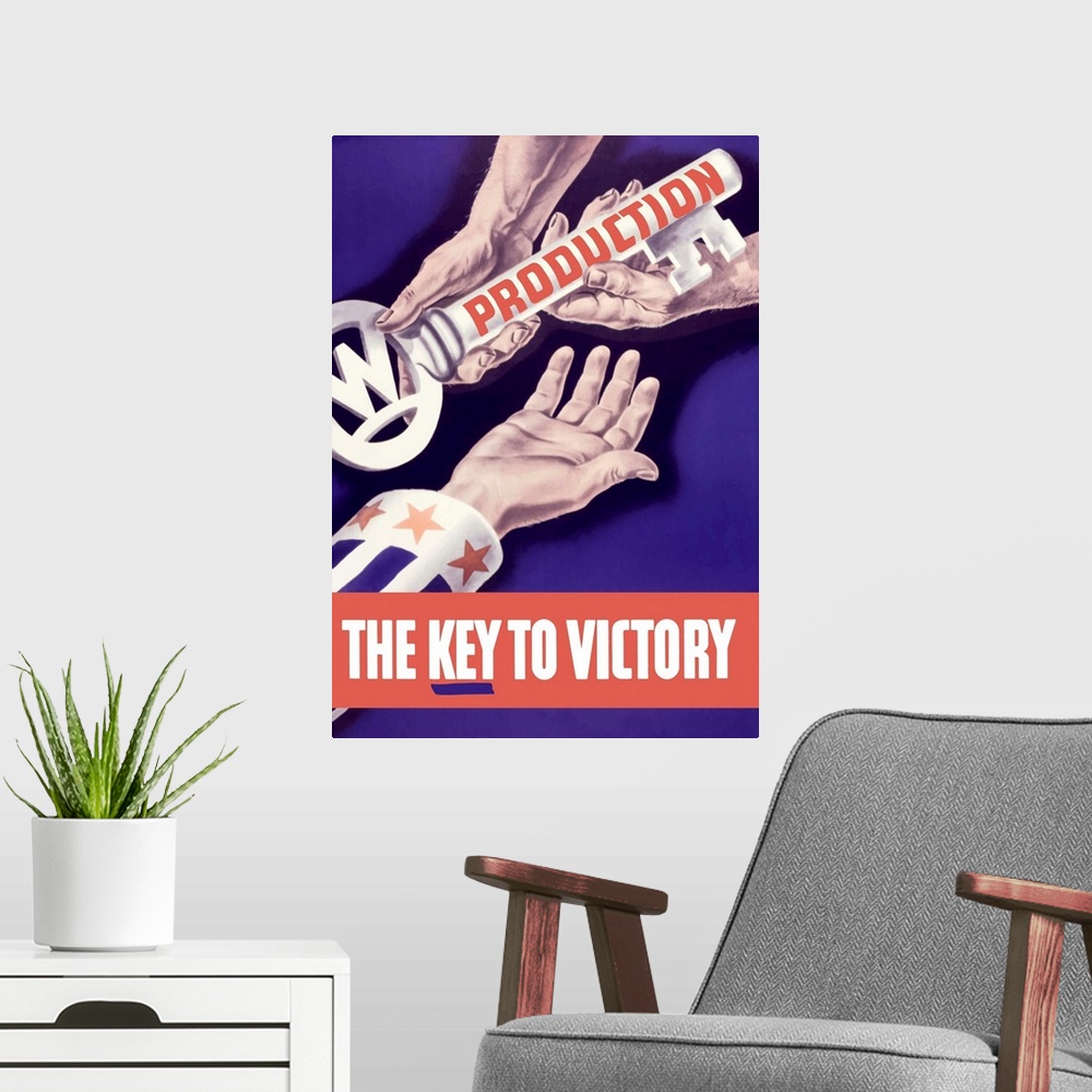 A modern room featuring Vintage World War II propaganda poster featuring someone handing a large key to the hand of Uncle...