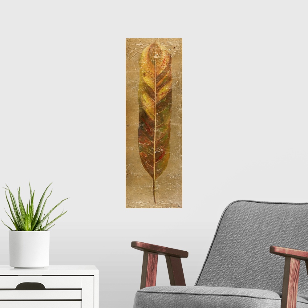 A modern room featuring Contemporary painting of a broad leaf in gold tones.