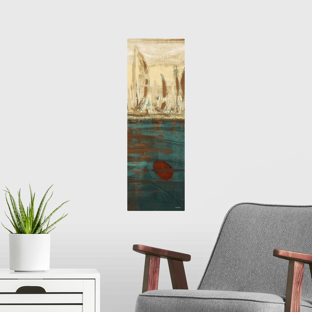 A modern room featuring Abstract contemporary artwork of boats with tall sails on the water.
