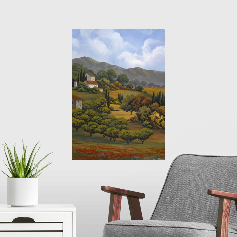 A modern room featuring Vertical painting on canvas of a countryside near a village in Italy.