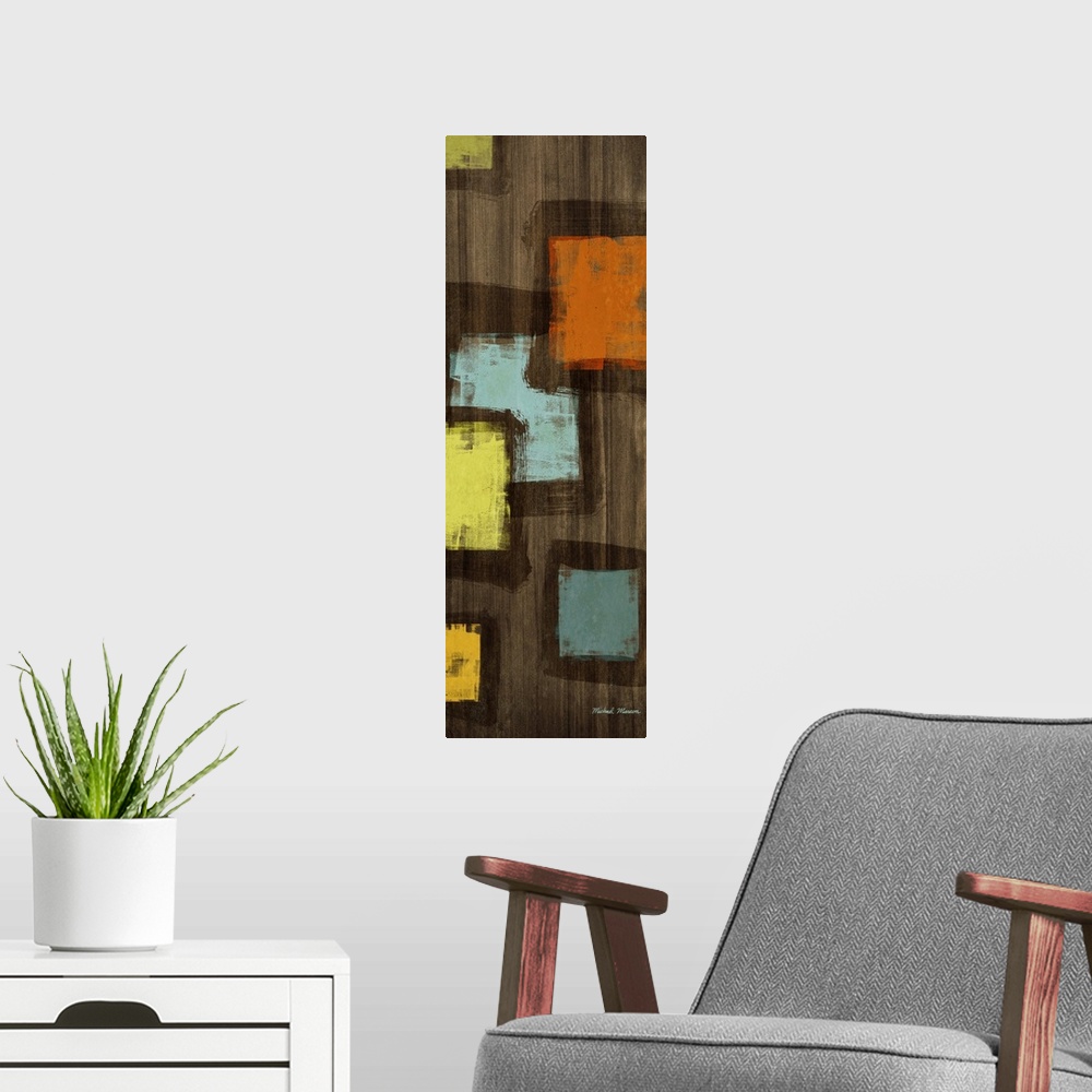 A modern room featuring Tall and narrow abstract painting on canvas of vibrant squares on top of a wooden type background.