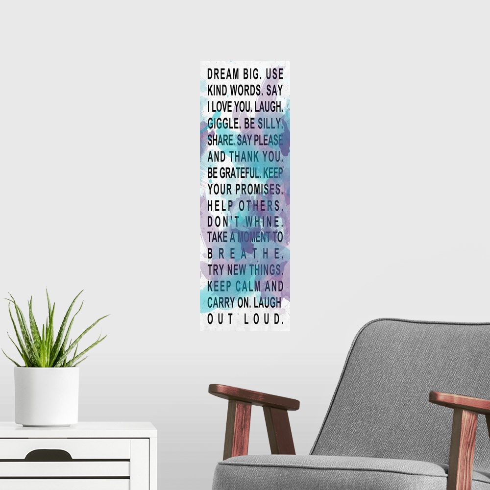 A modern room featuring A list of "Life Rules" in black text over a blue and purple abstract background.