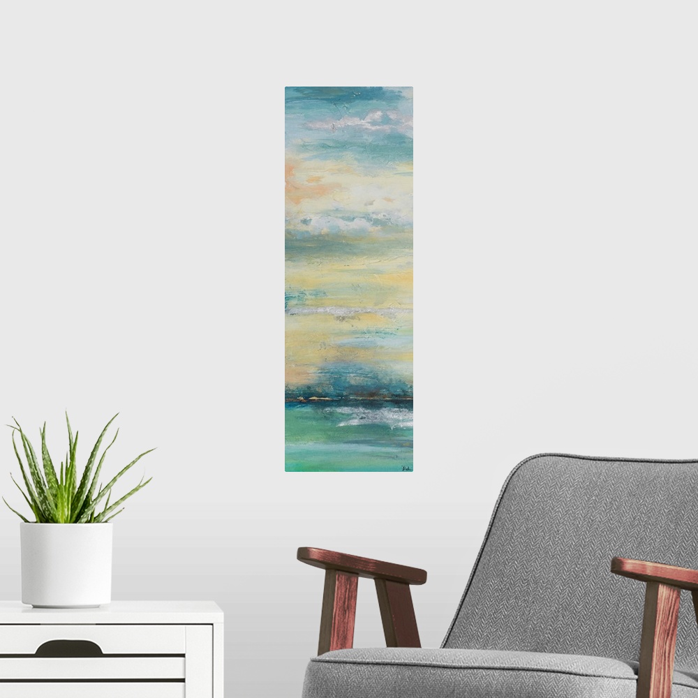 A modern room featuring Contemporary abstract colorfield painting resembling an oceanscape.