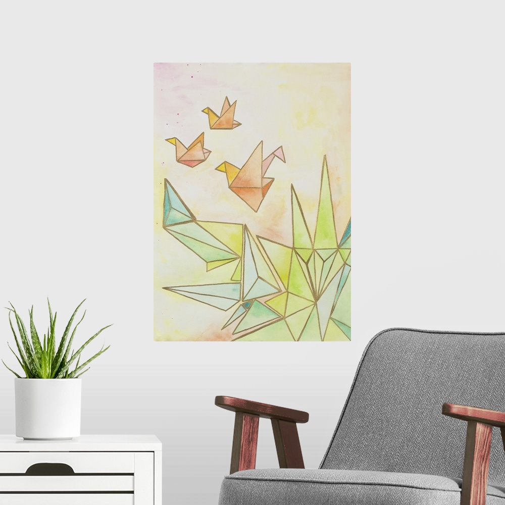 A modern room featuring Watercolor painting of cranes created with metallic gold geometric shapes to resemble origami.