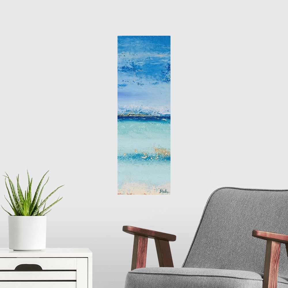 A modern room featuring Abstract painting of a light blue colorscape resembling the ocean from a beach view.